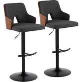 Stella Adjustable Swivel Bar Stool in Black Metal, Walnut Wood & Charcoal Fabric (Set of 2)